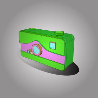 Vektör. Isometry. Retro kamera asılıyor. Üç boyutlu. Beyaz, gri ve yeşil renkli resim.
