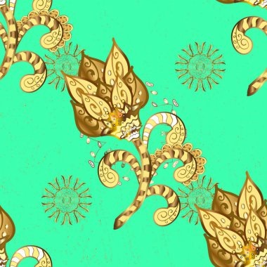 Hoş bir arka plan. Sarı ve yeşil renkli resimler. Hoş bir doku. Klasik arka plan. Vektör. Kusursuz geometrik desen.