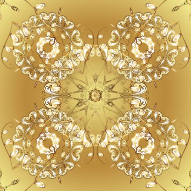 Noel altın kar tanesi kusursuz desen. Bej ve sarı renklerde altın kar taneleri. Kış kar dokusu skeci. Sembol bayramı, yeni yıl kutlama vektörü altın desen.