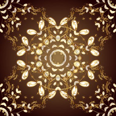 Çiçek süsüsüyle kusursuz desenli vektör. Doğu tarzında klasik tasarım öğesi. Duvar kâğıdı için altın süslü bir illüstrasyon. Kahverengi ve beyaz renkli geleneksel Arap dekoru. Süslü iz sürücü.