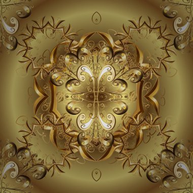 Antika altın tekrarlanabilir duvar kağıdı. Kahverengi ve sarı renklerde altın element. Damask pürüzsüz yineleme kalıbı. Barok tarzında altın çiçekli süs..