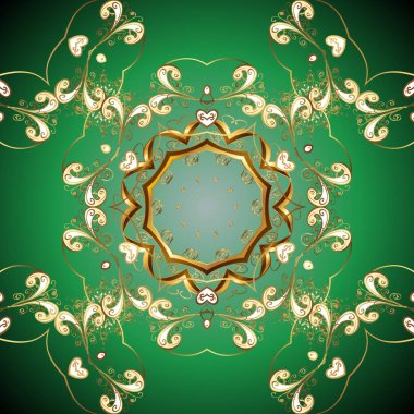 Noel, kar tanesi, yeni yıl. Altın elementlerle yeşil ve mavi renklerde klasik desen.