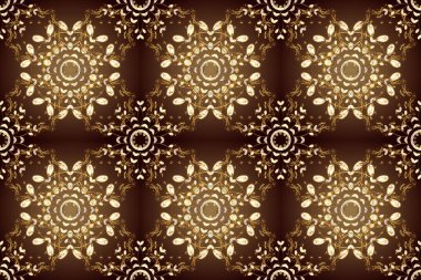 Doğu tarzında klasik tasarım öğesi. Kahverengi ve beyaz renkli geleneksel Arap dekoru. Çiçekli süslemeli, pürüzsüz bir desen. Çizim için altın süsleme. Süslü iz sürücü.