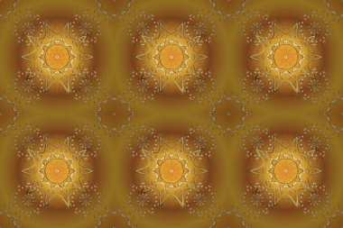 Arabesk ve çiçekli doğu raster desenleri. Kusursuz. Arabesk ile klasik model. Geleneksel klasik sarı, turuncu ve kahverengi renk süsleme ögesi.