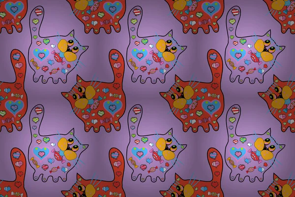 面白い漫画素敵な猫 オレンジ ニュートラルな色でのトレーサー ラスター スケッチ 男の子 女の子のための抽象的なパターン 色のついた漫画のステッカーのシームレス — ストック写真