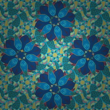 Vadinin çiçekleri mavi, tarafsız ve yeşil renklerde. Kusursuz bir arka plan modeli. Vektör - stok. Suluboya, elle çizilmiş.