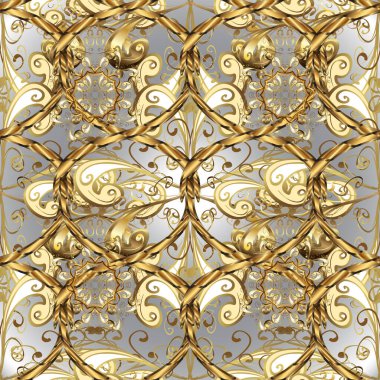 Klasik oryantal desen gri ve bej renklerden önce gelir. Geleneksel vektör ve altın desen. Damask pürüzsüz süsü.