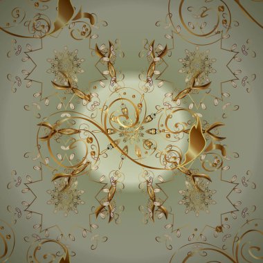 Kusursuz kıvırcık saçlar. Vektör altın desen. Doğulu stil altın deseni altın elementlerle birlikte nötr ve bej renklerde arabesliyor..