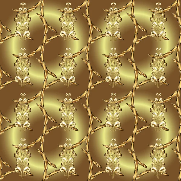 Gouden Element Bruine Neutrale Kleuren Vintage Barokke Bloemen Naadloos Patroon — Stockvector