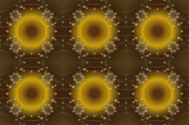 Klasik oryantal desen sarı ve kahverengi renkler üzerinde. Geleneksel raster ve altın desen. Damask pürüzsüz süsü.