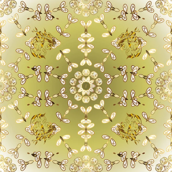 米黄色和中性色彩的金色元素 皇家和维多利亚时代的概念 金黄色 米黄色和中性的复古巴洛克花无缝图案 华丽的矢量装饰 — 图库矢量图片