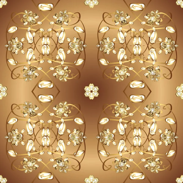 イスラムデザイン 花のタイル パターン東洋の装飾 ベクトル黄金のテキスタイルプリント 黄金の要素とベージュと茶色の色の黄金のパターン — ストックベクタ