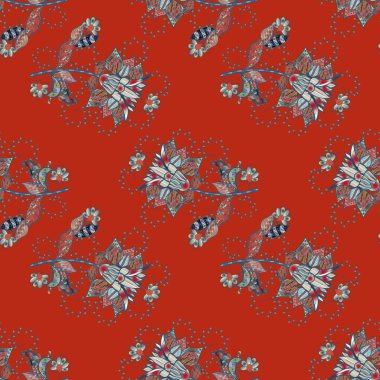 Karalama çiçeği. Güzel kumaş deseni. Zentangle soyut çiçekleri. Renkli Bahar Temalı Kusursuz Arkaplan. Vektör çizimi. Düz Çiçek Elementleri Tasarımı.