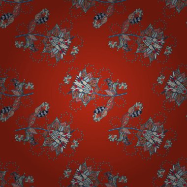 Klasik taslak çizimi. Vektör çiçek izi. Çiçek turuncusu, mavi ve nötr dikişsiz desen. Vektör Yumuşak kumaş deseni.