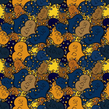 Gerçekçi mavi, siyah ve sarı kalbi olan kusursuz bir desen. Sevgililer günün kutlu olsun. Vektör çizimi. Aşk ve Tatil teması.