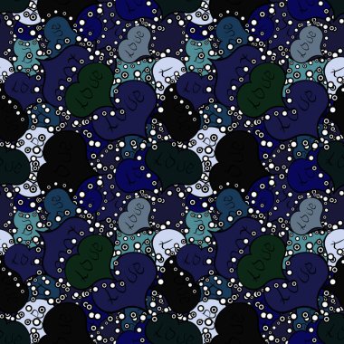 Kusursuz 60 'lar tarzı pop sanatı psikedelik renkli aşk metni tasarımı. Vektör çizimi. Sevimli kalpler mavi, siyah ve gri renkte sever güzel arka planda.