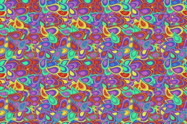 Raster illüstrasyonu. Menekşe rengi, kırmızı ve yeşil renkler. Kusursuz Yazdır. Güzel kumaş deseni. Tasarım. Düz karalama.