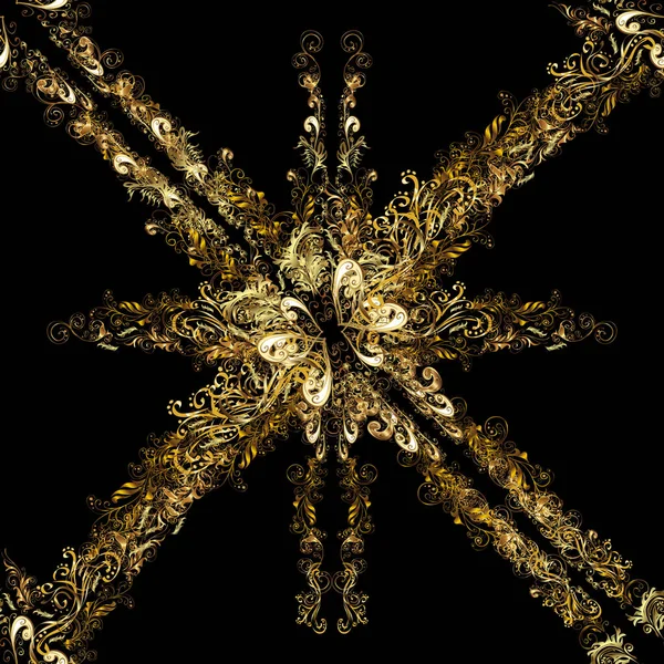 シームレスな東洋の古典的な黄金のパターン 黒と茶色の上に黄金の繰り返し要素を持つベクトル抽象的な背景 — ストックベクタ