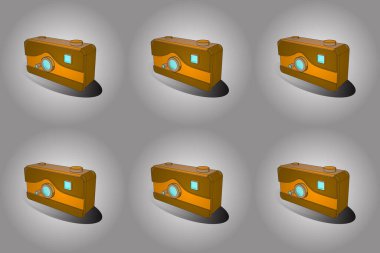 Klasik kamera raster düz stil asıyor. Üç boyutlu. Beyaz, gri ve kahverengi renkli taslak. Isometry.