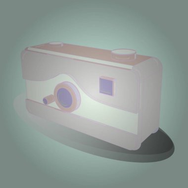 Isometry. Üç boyutlu. Klasik kamera vektörü düz stil asılıyor. Tarafsız, bej ve gri renklerde taslak.