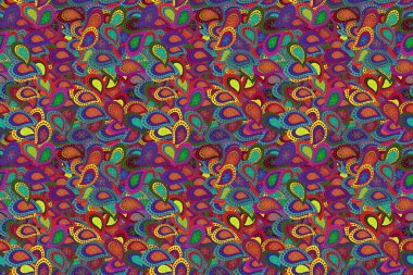 Kusursuz güzel kumaş deseni. Karalamalar mor, mavi ve kırmızı renklerde. Raster..