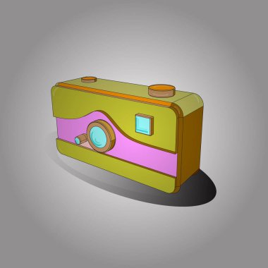Beyaz, sarı ve gri renkli görüntü. Eksonometri. 3 boyutlu olarak sunulmuştur. Retro kamera. Vektör.