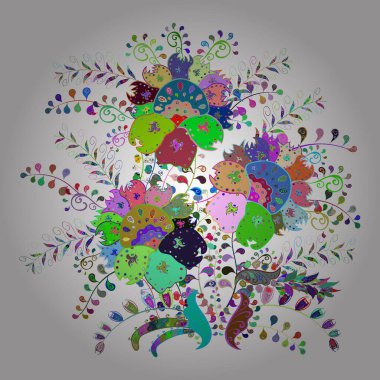 Mavi, beyaz ve yeşil renkler üzerine çiçek çizimi. Şatafatlı bahar bahçesi dokusu. Çiçek deseni. Çiçekler mavi, beyaz ve yeşil renklerde. Vektör illüstrasyonu.