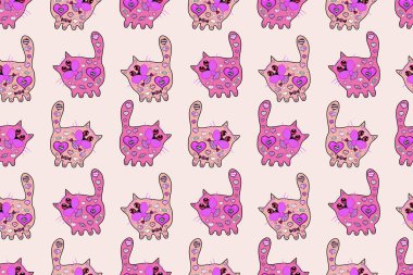 Raster. Kusursuz bir iz. Kedi resmi pembeye, nötr ve menekşe rengine karalar. Modaya uygun kumaş deseni.