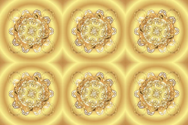 Golden pattern on beige and yellow colors with golden elements. Classic vintage background. Seamless classic raster golden pattern. Traditional orient ornament.