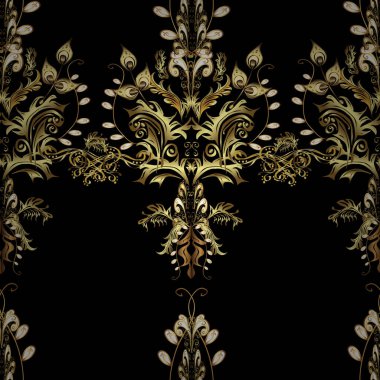 Süslü dekorasyon. Lüks, kraliyet ve Viktorya dönemi konsepti. Altın elementlerle siyah ve kahverengi renklerde altın desen. Vector vintage barok çiçeksiz altın desenli.