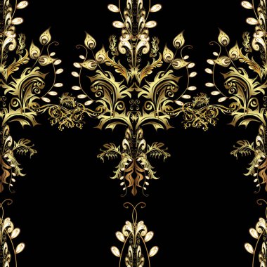 Klasik klasik klasik arka plan. Kusursuz klasik vektör altın deseni. Geleneksel oryantasyon süsü. Kahverengi ve siyah renklerde altın elementlerle kusursuz desen.