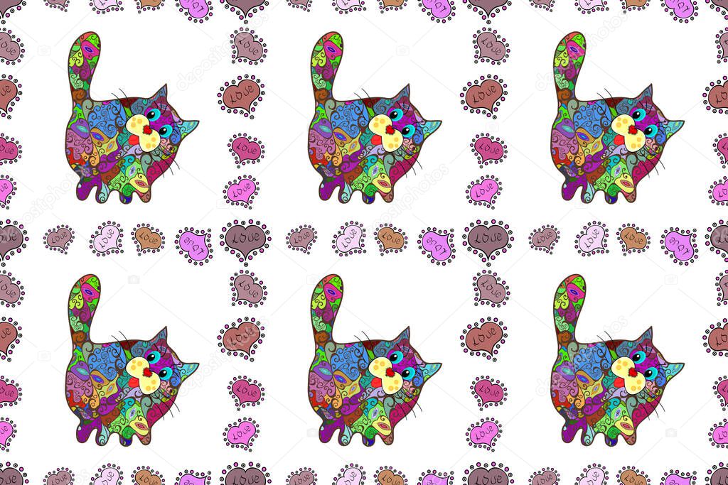 Scketh on pink, white and brown versicolors. Seamless drawing zentangle cat for coloring page, shirt design effect, logo, tattoo and decoration. Raster cat.