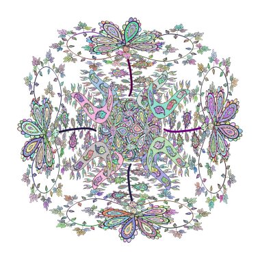 Çizim kalıbı. Tasarım. Karalamalar mavi, nötr ve beyaz renklerde. Düz elementler. Vektör. Yumuşak kumaş deseni.