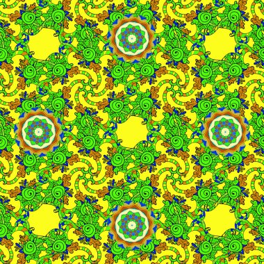 Çiçeksel fantezi tasarımı, parlak bir arka planda, kusursuz bir desen. Renkli Bahar Temalı Kusursuz Arkaplan. Düz Çiçek Elementleri Tasarımı.