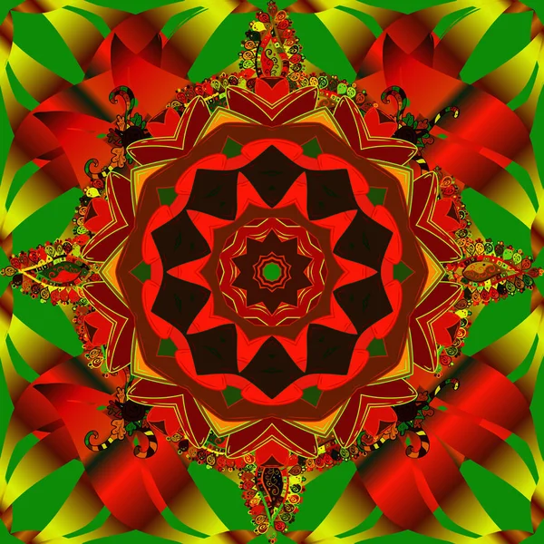 Arap Vintage Dekoratif Süsü Vektör Mandala Yeşil Kırmızı Kahverengi Renkli — Stok Vektör