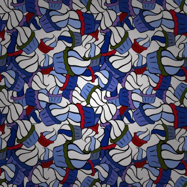 Vektör çizimi. Mavi, siyah ve beyaz. Fırın için baskı. Kusursuz desenli el çizimi kekler. Sweets arkaplan tasarımı.