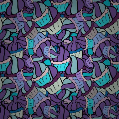 Çikolatalı doğum günü tatlı kek illüstrasyonu. Kusursuz leziz kekler ve kekler menekşe, mavi ve siyah üzerine vektör karikatür.