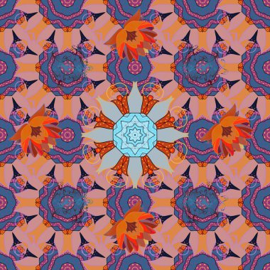 Kusursuz desen. Güzel kumaş deseni. Karalama kalıbı. Hoş bir arka plan. Robot resimlerde, ambalaj kutularında, sabıka fotoğraflarında, bebek kıyafetlerinde falan kullanılabilir. Mavi, turuncu ve pembe renkli. Vektör illüstrasyonu.