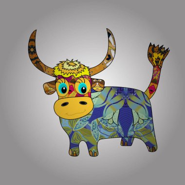 Vektör. Mutlu Çin 2021, öküz yılı). Mavi, beyaz ve sarı renklerde Scketh. Çin Yeni Yılı 2021 Arka planda zanaat tarzıyla öküz.