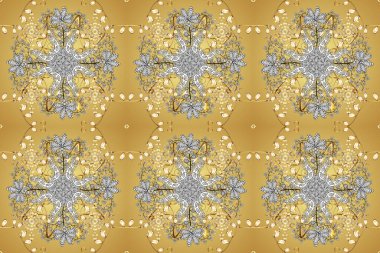 Raster tasarımı. Kusursuz desen. İslami süslemeli soyut arkaplan, Arap geometrik dokusu. Renkli arkaplan üzerine kıvrımlı döşeme motifi. Beyaz ve sarı renkli resimler.