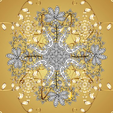 İslami süslemeli soyut arkaplan, Arap geometrik dokusu. Kusursuz desen. Renkli arkaplan üzerine döşenmiş motif, bukleli. Beyaz ve sarı renkli resimler. Vektör tasarımı