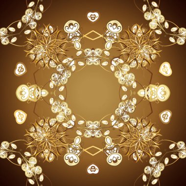 Kusursuz damaske klasik altın desen. Vektör çizimi. Tekrarlayan elementlerle soyut vektör arkaplanı. Kahverengi ve bej renklerde altın rengi ve altın elementler üzerinde altın pürüzsüz desen.