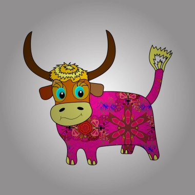 Yeni yıl için inek resmi. Şablon tebrik kartı, davetiye ve reklam afişi, broşür. Beyaz, morumsu ve kahverengi renklerde ifade edilmiş. Vektör illüstrasyonu.