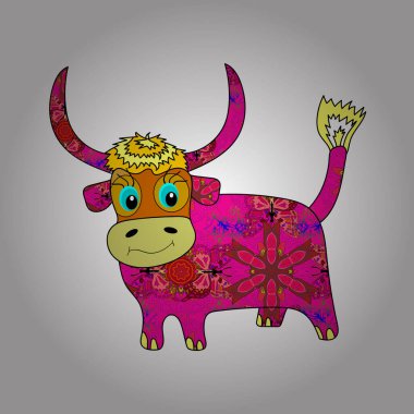Beyaz, morumsu ve siyah renkli bir resim. Tebrik kartları, düğün davetiyeleri, logo, kumaş baskısı için kullanılabilir. Vektör. Koca boynuzlu şirin bir boğa..