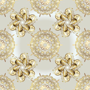 Altın elementlerle bej ve gri renklerde klasik, pürüzsüz desen. Vektör illüstrasyonu.