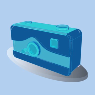 Kamera için geçmişe dönük simgeler. Tarafsız, gri ve mavi renkli bir resim. Vektör çizimleri. Eksonometri. Üç Boyut.