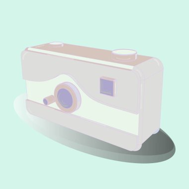 Isometry. Retro kamera. Renkli arka planda 3 boyutlu eski bir kamera. Vektör illüstrasyonu.