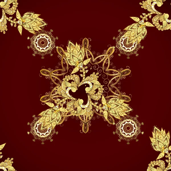 Золотой Безморщинистый Узор Красном Коричневом Цветах Золотистыми Цветочными Элементами Иллюстрация — стоковый вектор