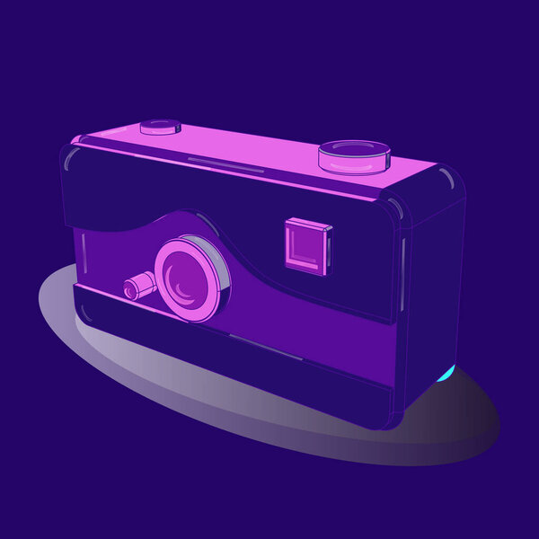 Векторная иллюстрация. Трасса в фиолетовых, голубых и нейтральных цветах. Символ камеры для дизайна веб-сайта, логотипа, приложения, пользовательского интерфейса. Камера в модном 3D стиле изолирована на заднем плане.