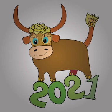 Ambalajlar ve eskiz için hoş bir arka plan, kumaş tasarımı, kağıt. Vektör. Yeni yıl için inek resmi. Beyaz, kahverengi ve yeşil renkli resim.